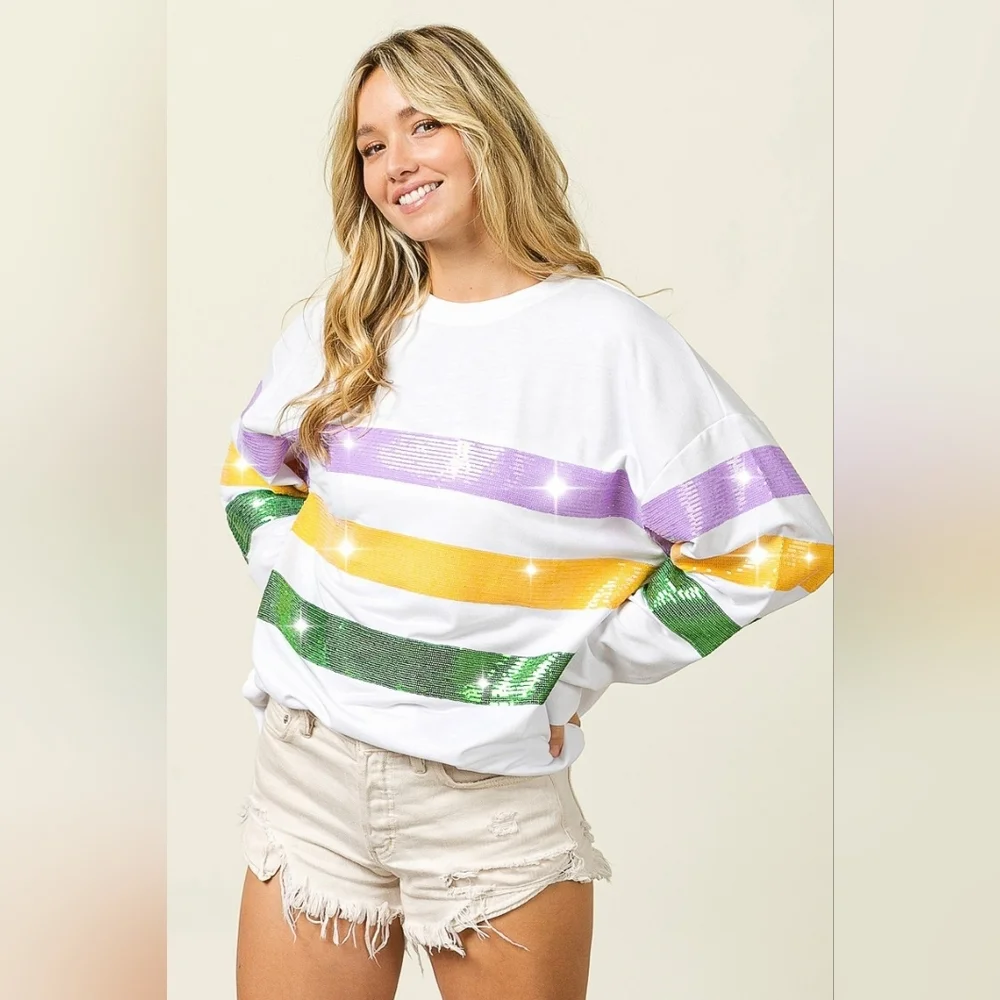 BiBi Sequin Mardi Gras Striped Round Neck Sweatshirt - Picture 4 of 14